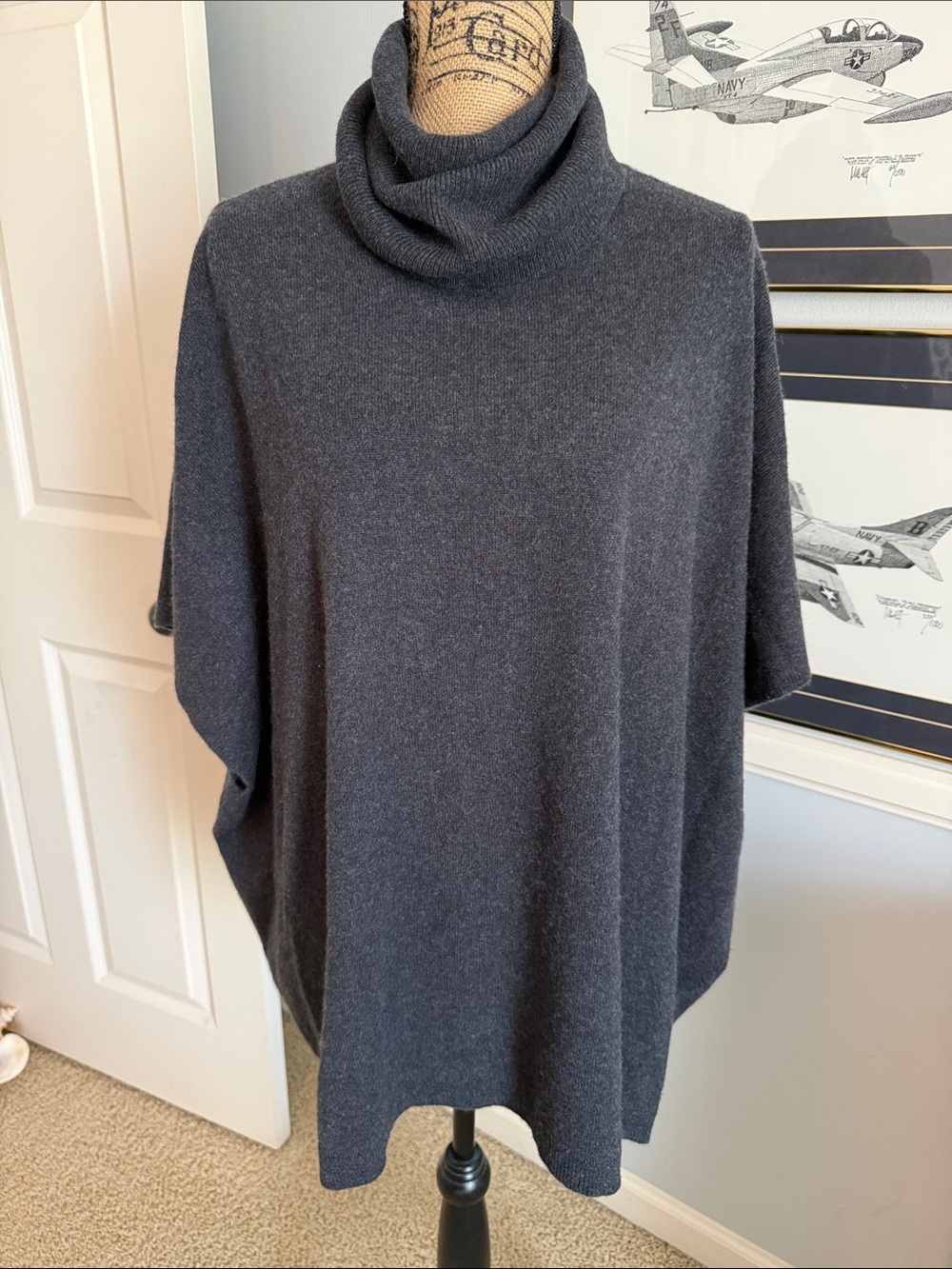 Garnet Hill Charcoal Gray Turtleneck Poncho Sweater 100% cashmere